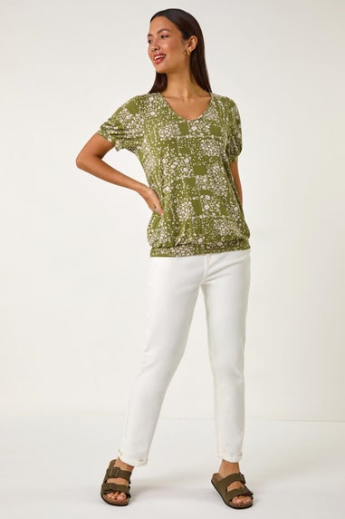 Roman Khaki Floral Print Bubble Hem Top