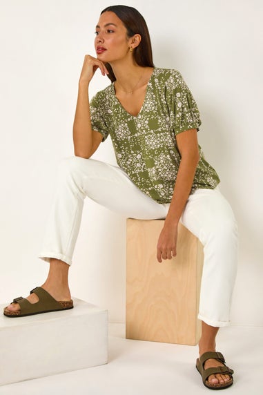Roman Khaki Floral Print Bubble Hem Top