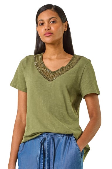 Roman Khaki Sequin Trim V Neck Stretch Top