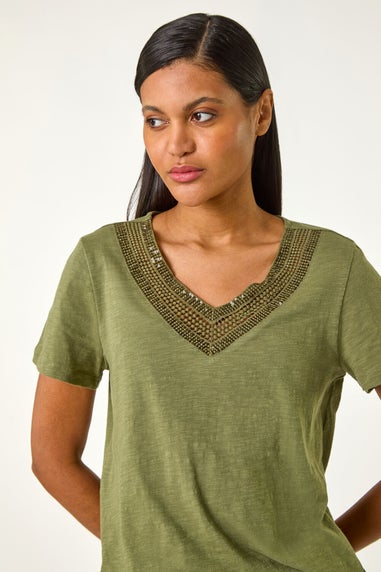 Roman Khaki Sequin Trim V Neck Stretch Top