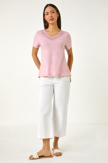 Roman Light Pink Sequin Trim V Neck Stretch Top