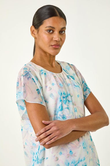 Roman Blue Floral Print Bubble Hem Top