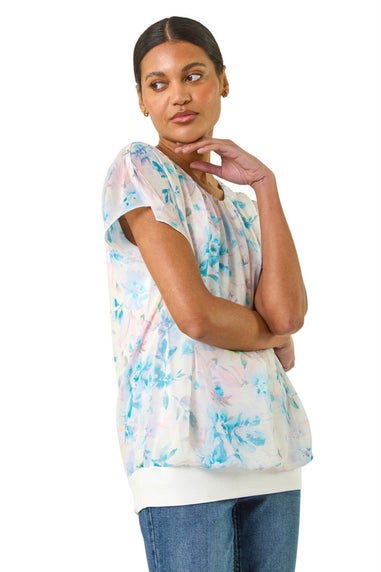 Roman Blue Floral Print Bubble Hem Top