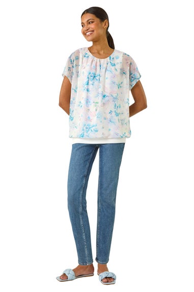 Roman Blue Floral Print Bubble Hem Top