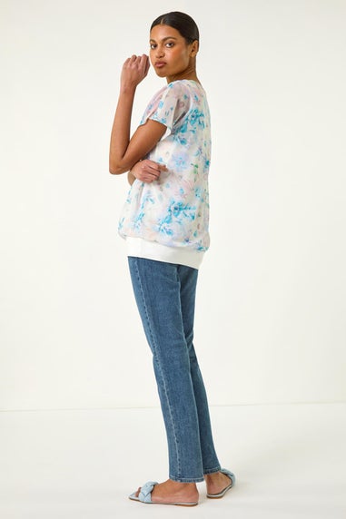Roman Blue Floral Print Bubble Hem Top
