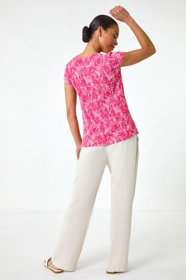 Roman Pink Petite Abstract Print Crinkle V Neck Top