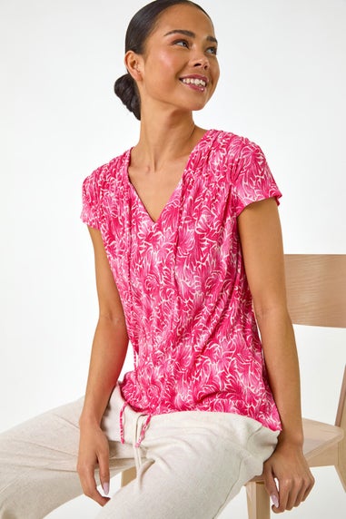 Roman Pink Petite Abstract Print Crinkle V Neck Top