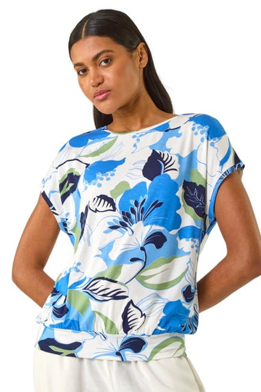 Roman Blue Floral Print Bubble Hem Top