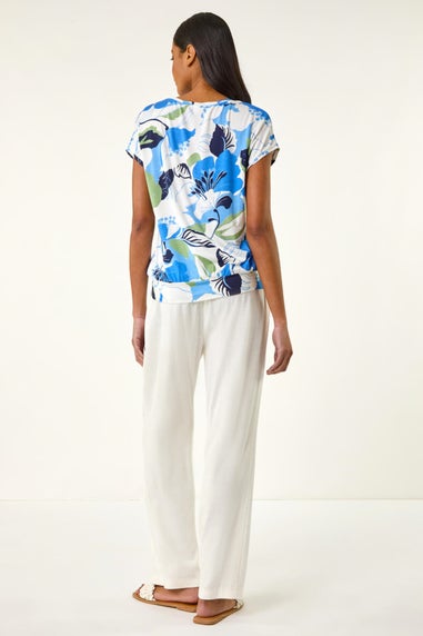 Roman Blue Floral Print Bubble Hem Top