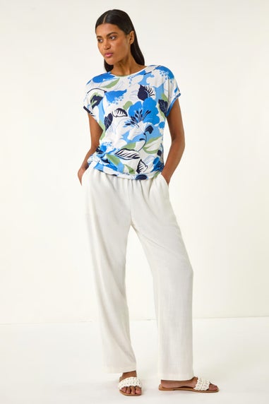 Roman Blue Floral Print Bubble Hem Top