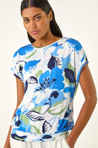 Roman Blue Floral Print Bubble Hem Top