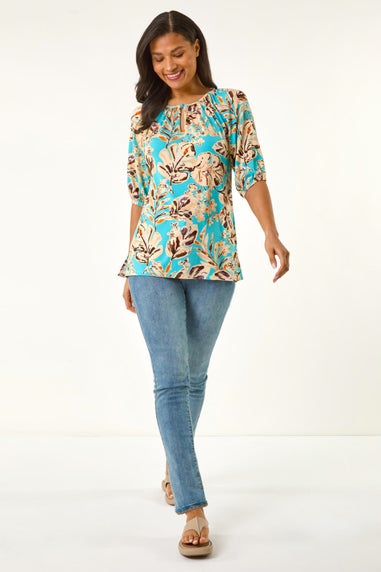 Roman Blue Floral Printed Keyhole Front Stretch Top