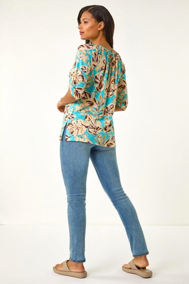 Roman Blue Floral Printed Keyhole Front Stretch Top