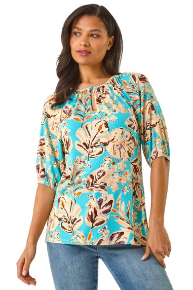 Roman Blue Floral Printed Keyhole Front Stretch Top