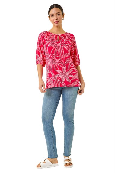 Roman Red Printed Keyhole Front Stretch Top