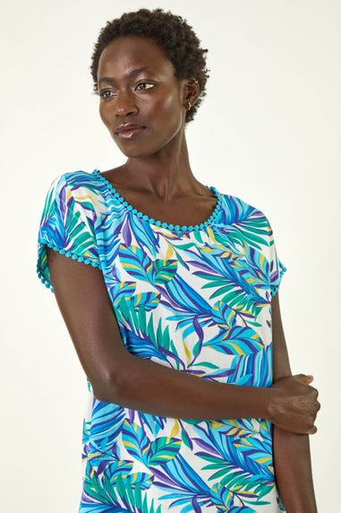 Roman Blue Tropical Leaf Bobble Trim Top