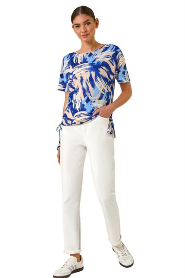 Roman Blue Abstract Print Side Tie Detail Top