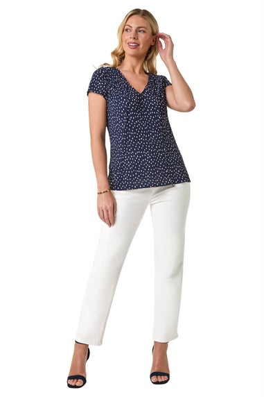 Roman Navy Petite Spot Print Crinkle V Neck Top