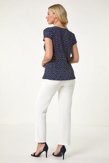 Roman Navy Petite Spot Print Crinkle V Neck Top