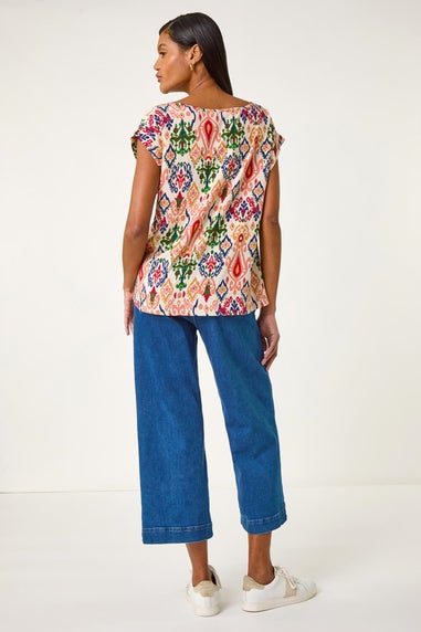 Roman Peach Abstract Print Cuff Sleeve Top