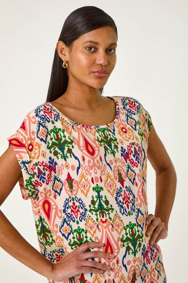 Roman Peach Abstract Print Cuff Sleeve Top