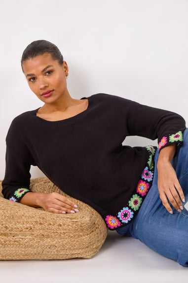 Roman Black Floral Crochet Hem Cotton Jumper