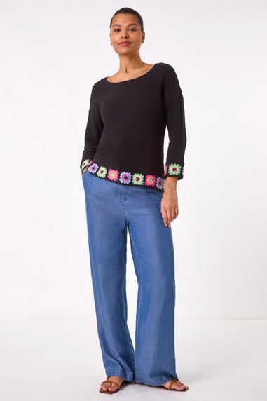 Roman Black Floral Crochet Hem Cotton Jumper
