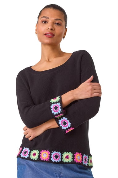 Roman Black Floral Crochet Hem Cotton Jumper