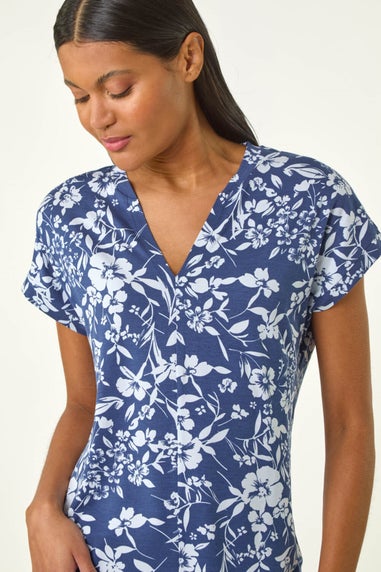 Roman Navy Floral Notch Neck T Shirt