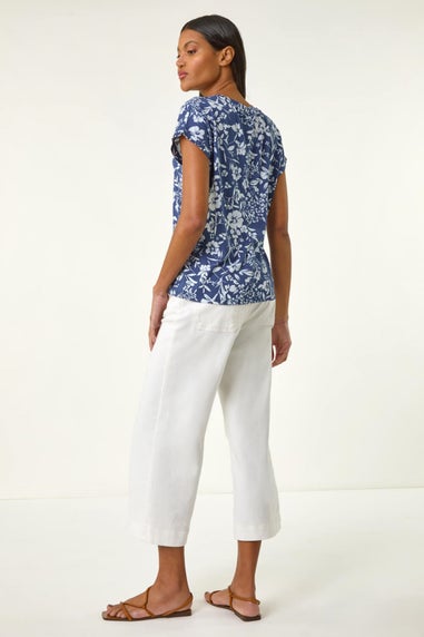 Roman Navy Floral Notch Neck T Shirt