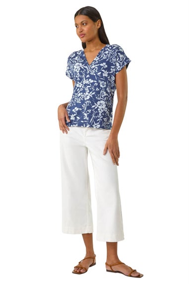 Roman Navy Floral Notch Neck T Shirt