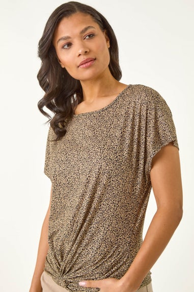Roman Tan Animal Print Knot Front Stretch Top