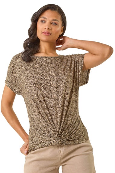 Roman Tan Animal Print Knot Front Stretch Top