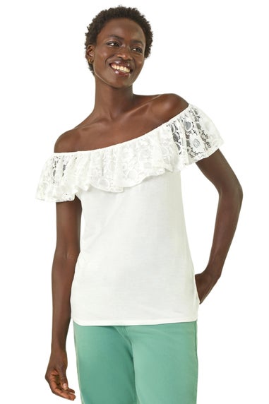 Roman Ivory Lace Trim Bardot Top