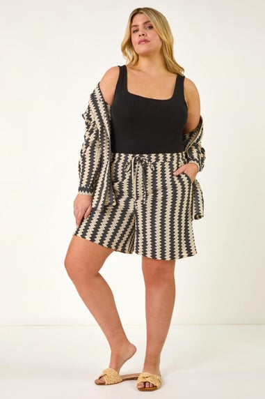 Roman Black Curve Zig Zag Tie Waist Shorts