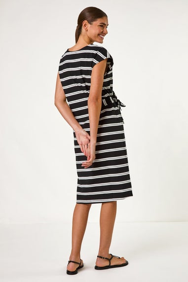 Roman Black Stripe Tie Side Stretch Midi Dress