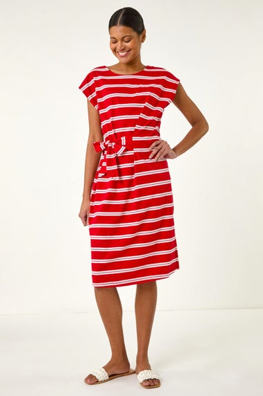Roman Red Stripe Tie Side Stretch Midi Dress