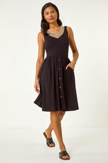 Roman Black Contrast V Neck Stretch Midi Dress