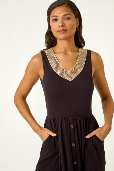 Roman Black Contrast V Neck Stretch Midi Dress
