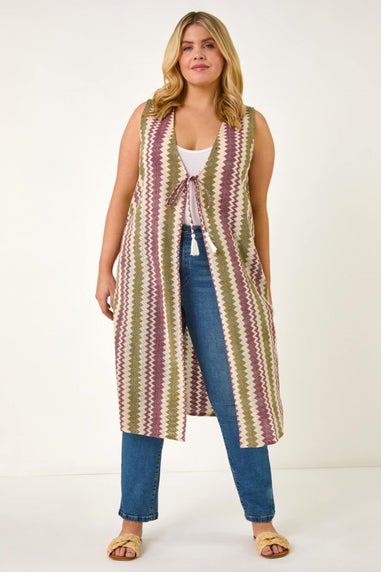 Roman Purple Curve Zig Zag Crochet Longline Waistcoat