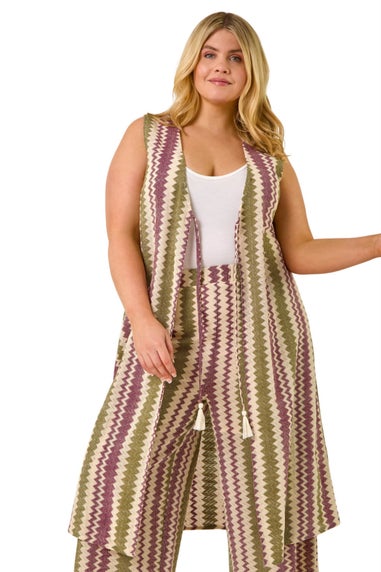 Roman Purple Curve Zig Zag Crochet Longline Waistcoat