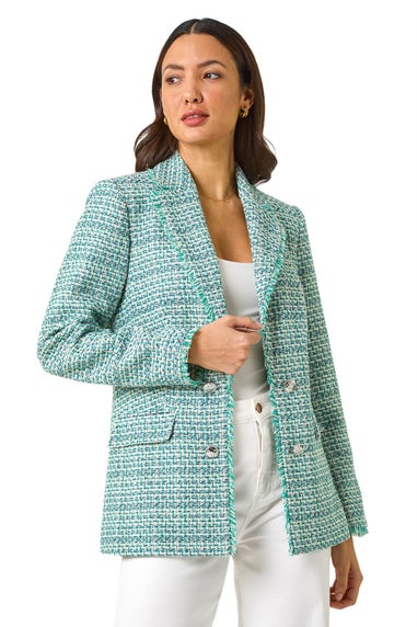 Roman Green Check Frayed Edge Boucle Button Jacket