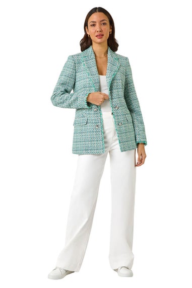 Roman Green Check Frayed Edge Boucle Button Jacket