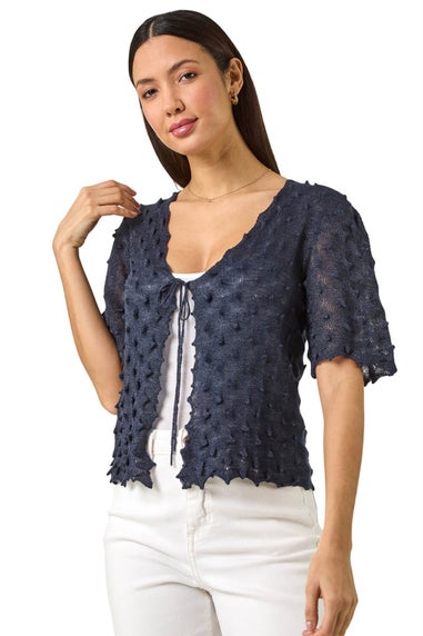 Roman Navy Textured Tie Front Shrug