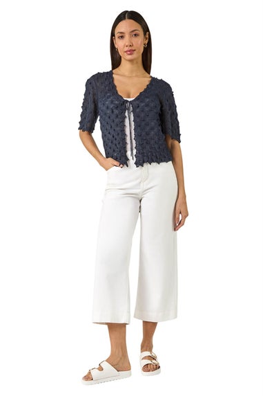 Roman Navy Textured Tie Front Shrug