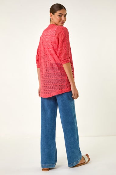 Roman Coral Cotton Crochet Tunic Cardigan