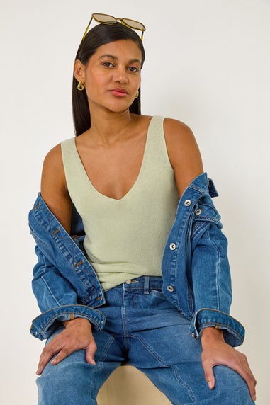 Roman Lime Shimmer V Neck Knitted Vest