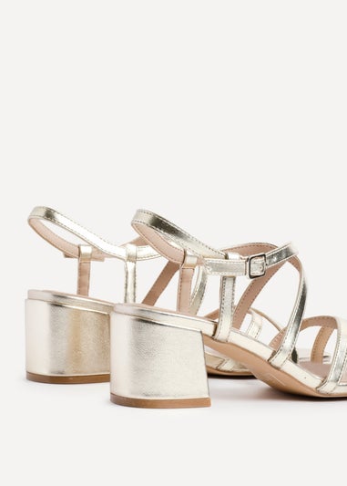 Linzi Jovanna Gold Faux Leather Strappy Low Block Heeled Sandals