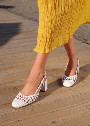 Linzi Sandria White Faux Leather Hand Woven Court Heels