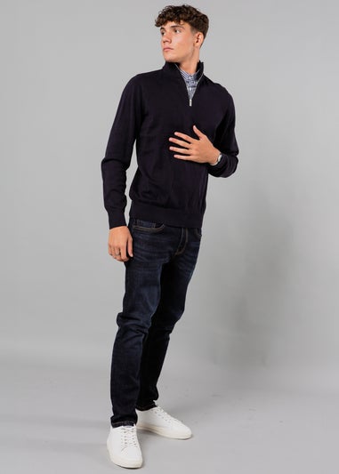 Kensington Eastside Navy Mock Checked Shirt 1/4 Zip Jumper
